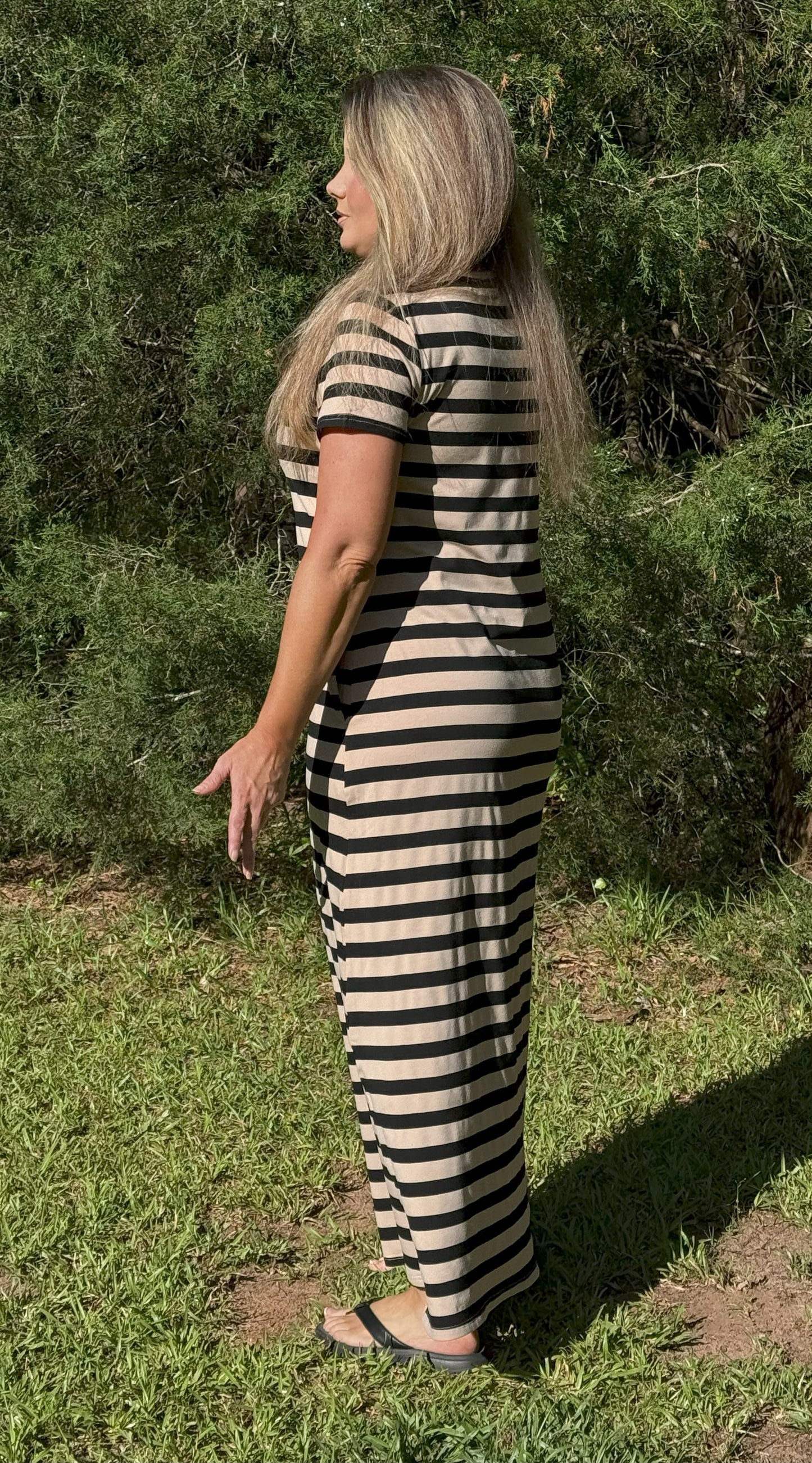 Chicy Striped T Shirt Dress - Black / Tan