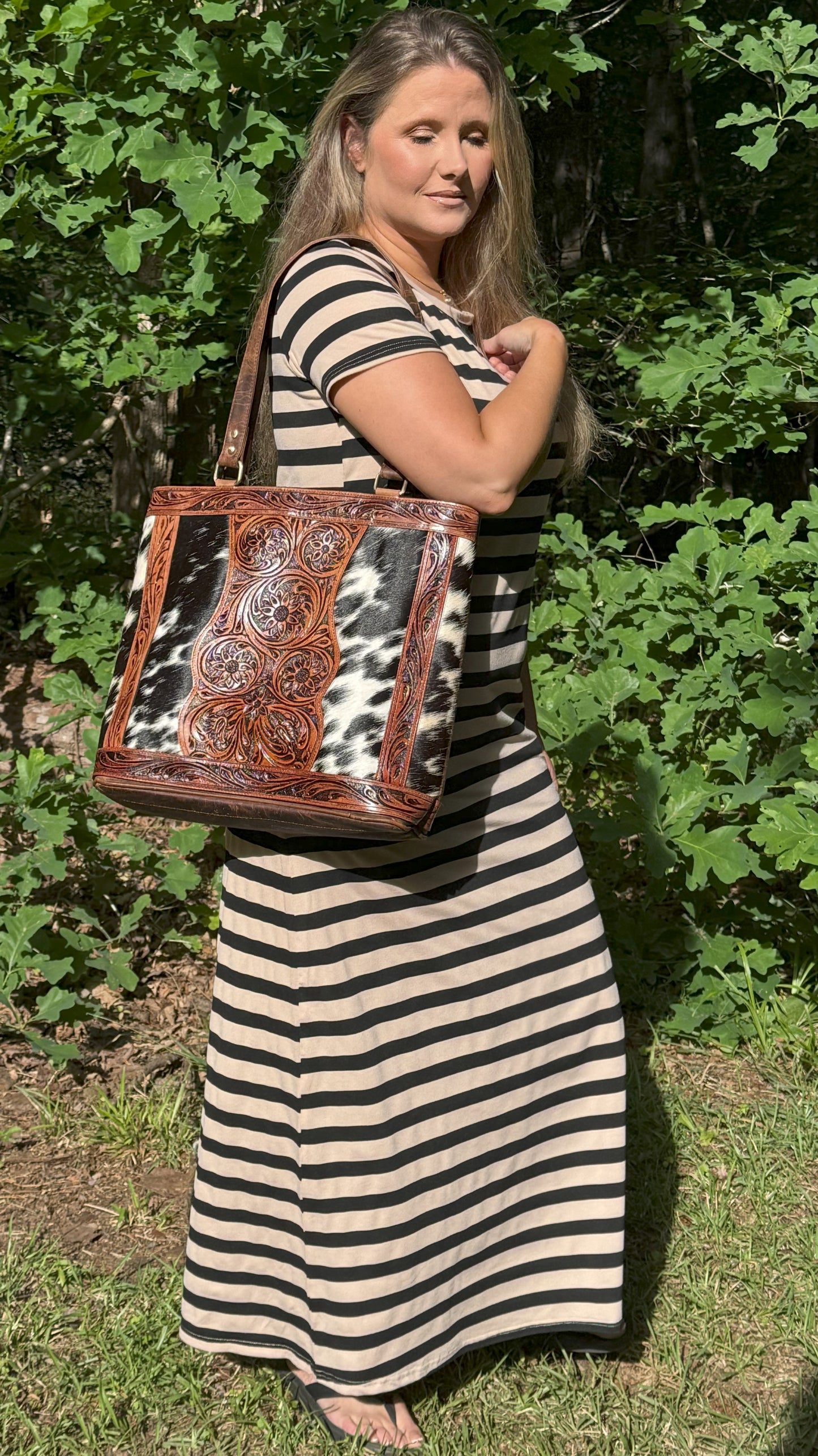 Charlotte Women's Tooled Leather Cowhide Tote, Purse, Laptop Bag