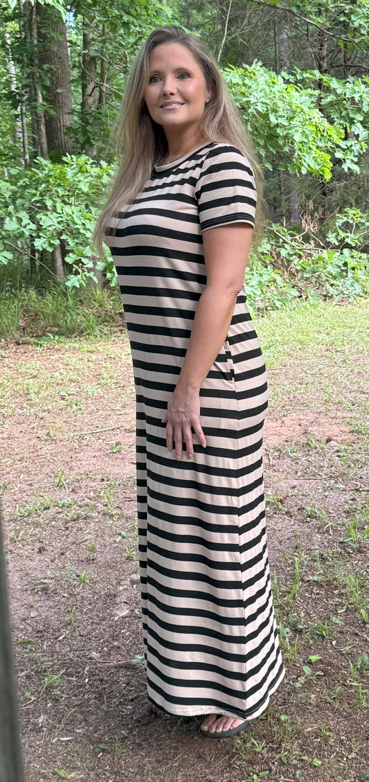 Chicy Striped T Shirt Dress - Black / Tan