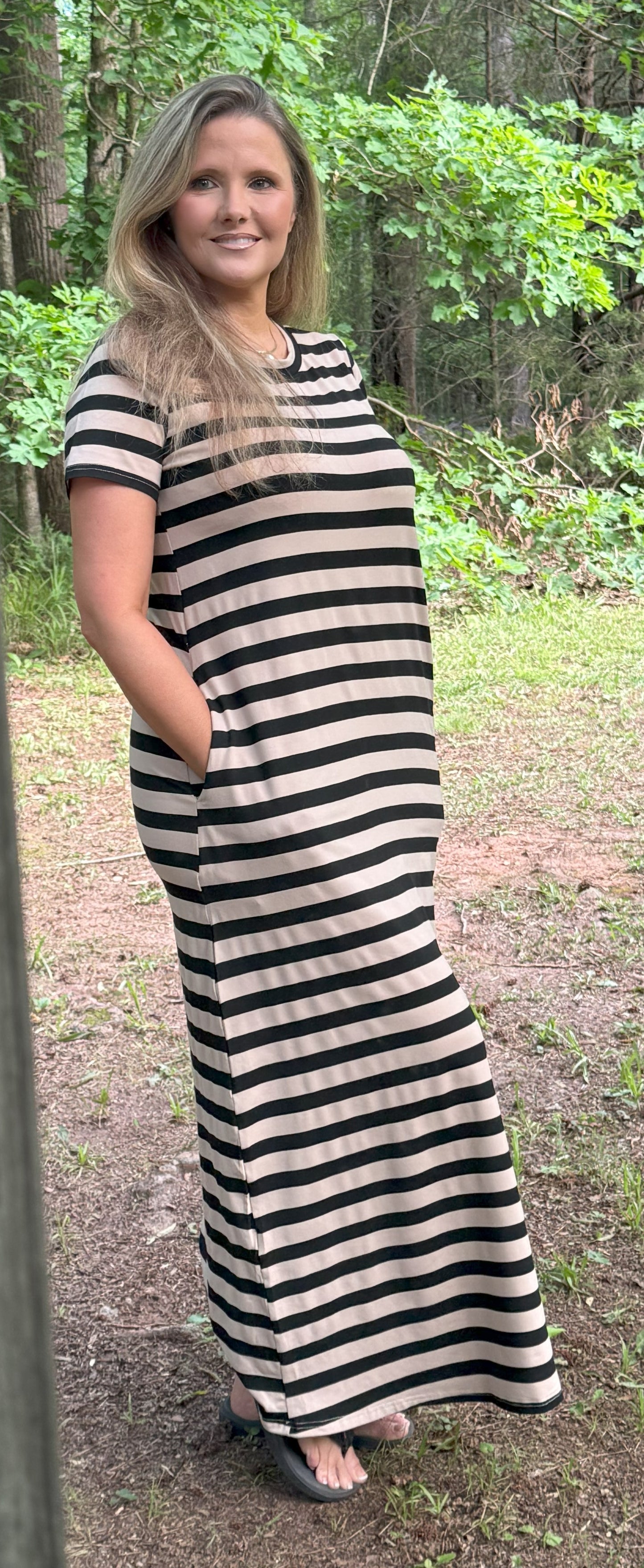 Chicy Striped T Shirt Dress - Black / Tan