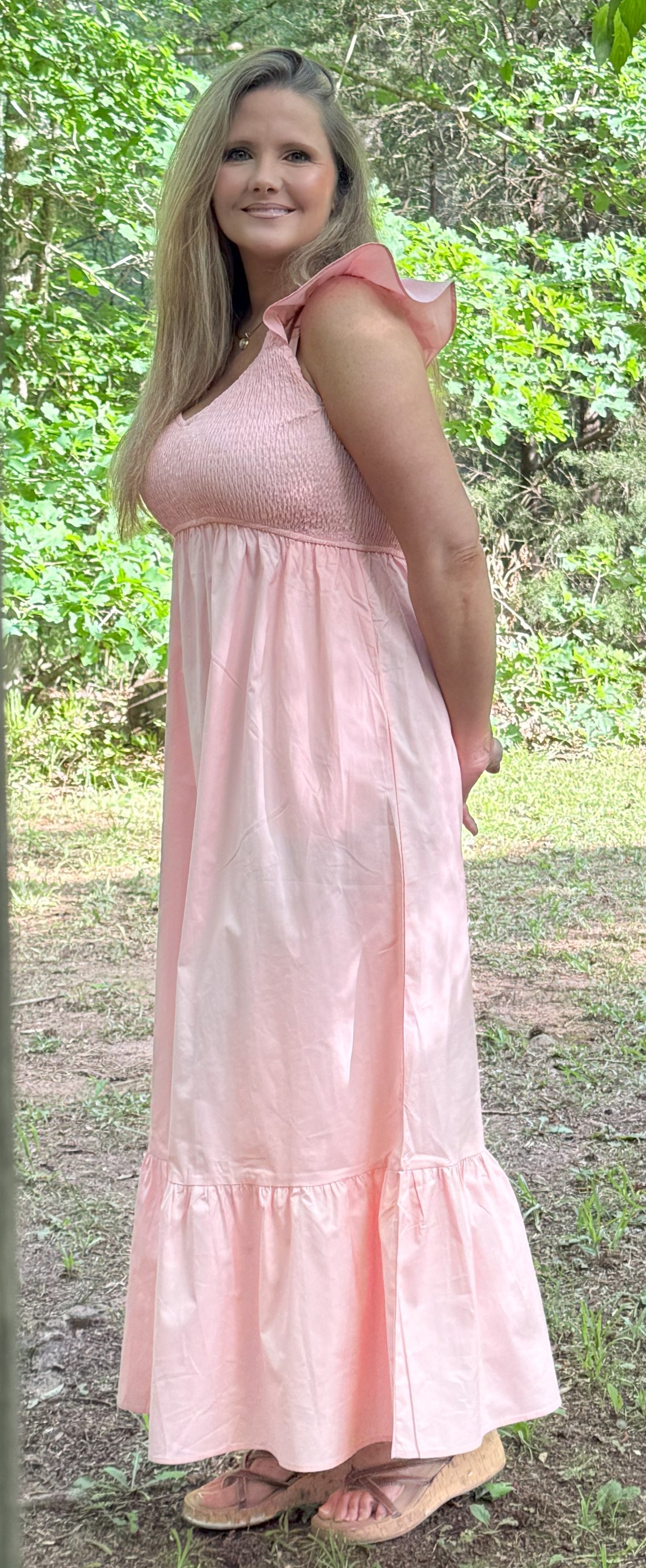 In the Garden Flutter Sleeve Smocked V Neck Maxi Dress - Apricot Pink