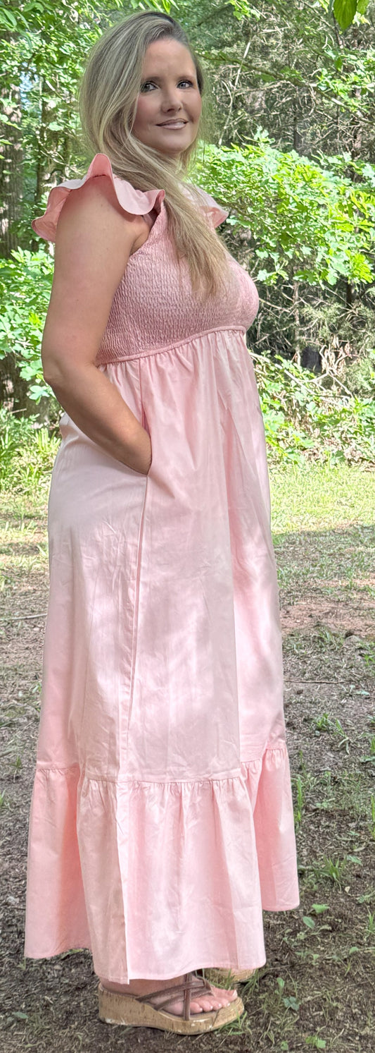 In the Garden Flutter Sleeve Smocked V Neck Maxi Dress - Apricot Pink