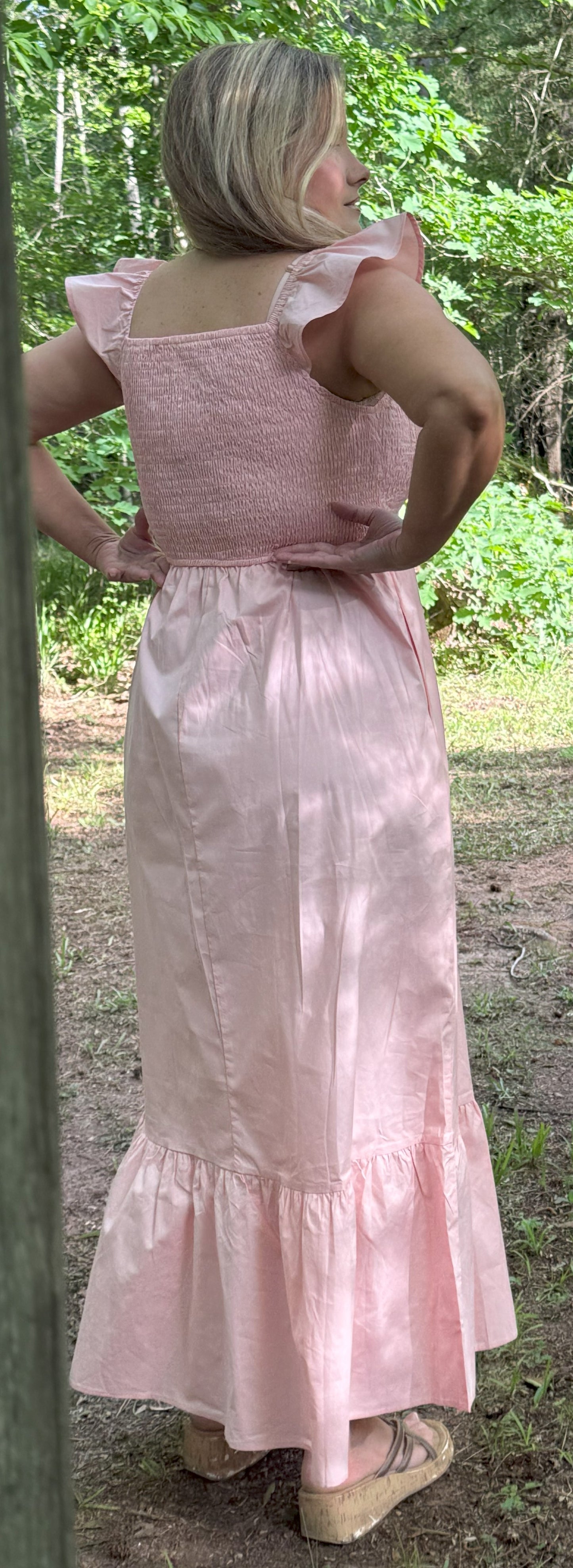 In the Garden Flutter Sleeve Smocked V Neck Maxi Dress - Apricot Pink