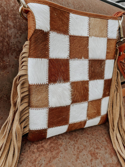 Callie Women's Cowhide Checkered Fringed Purse