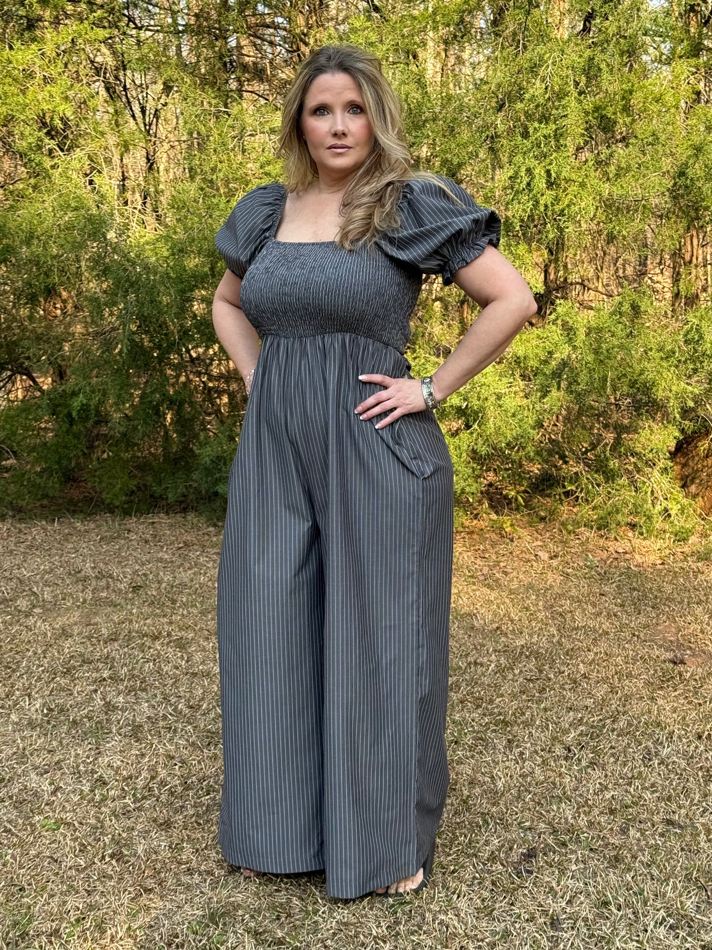 Victoria Jumpsuit Pin Striped Black / White / Charcoal