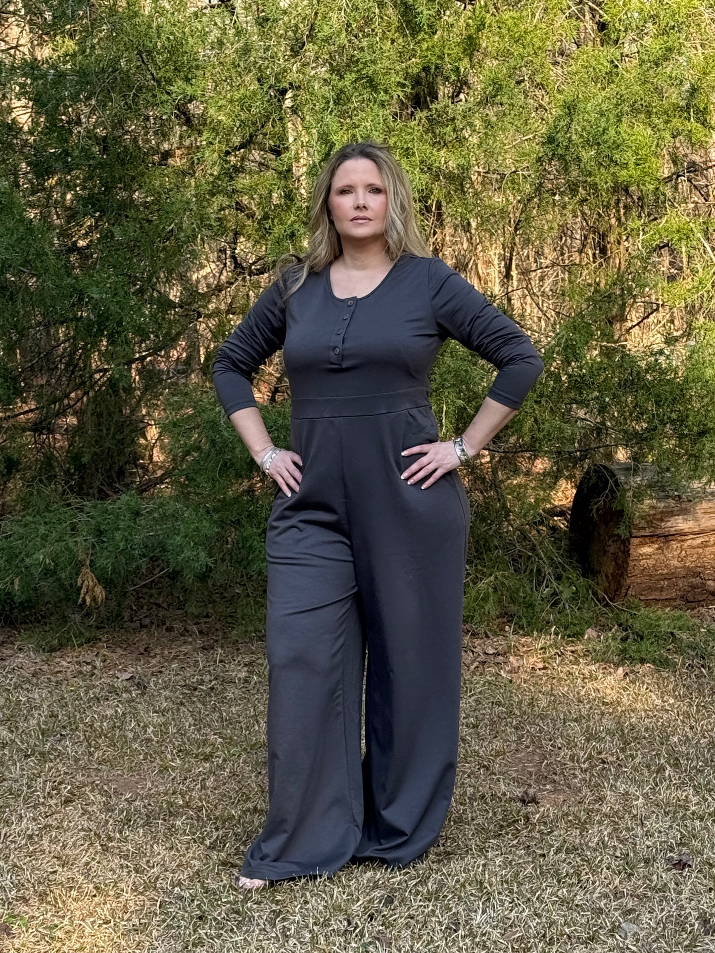 Blaire Jumpsuit Gray Long Sleeve Wide Legged