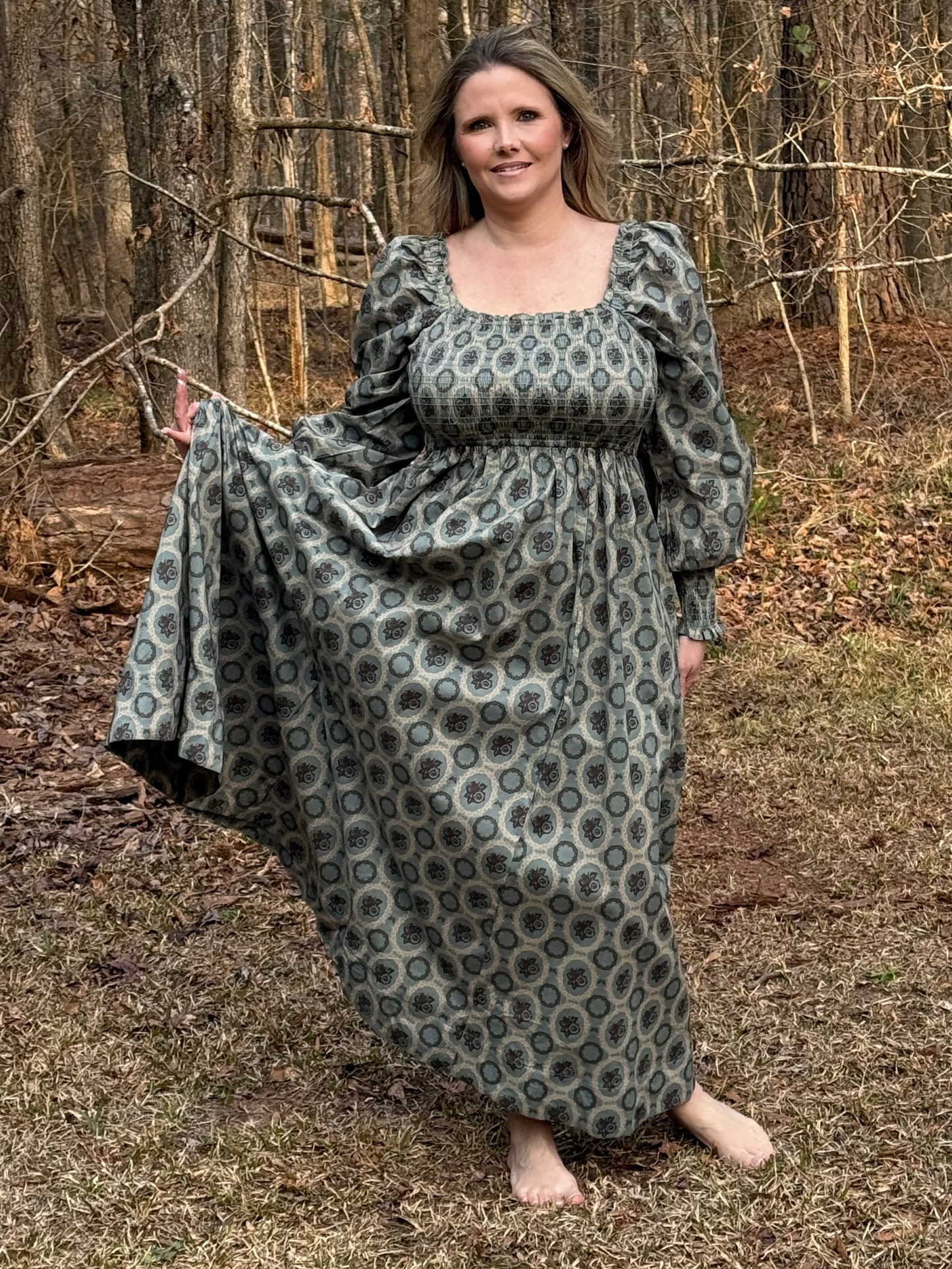 Arbor Dress Mountain Sage Patterned Smocked Maxi