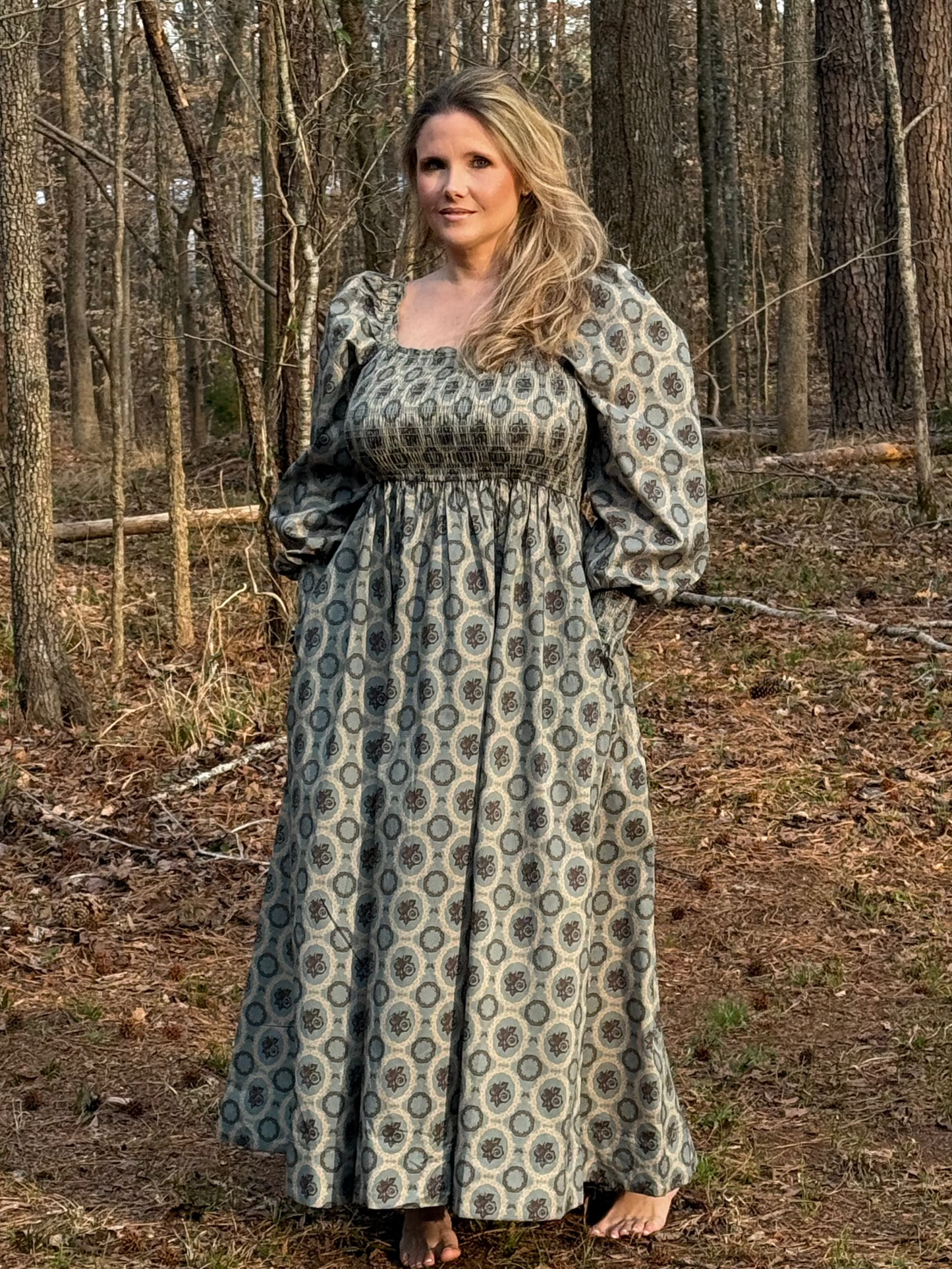 Arbor Dress Mountain Sage Patterned Smocked Maxi