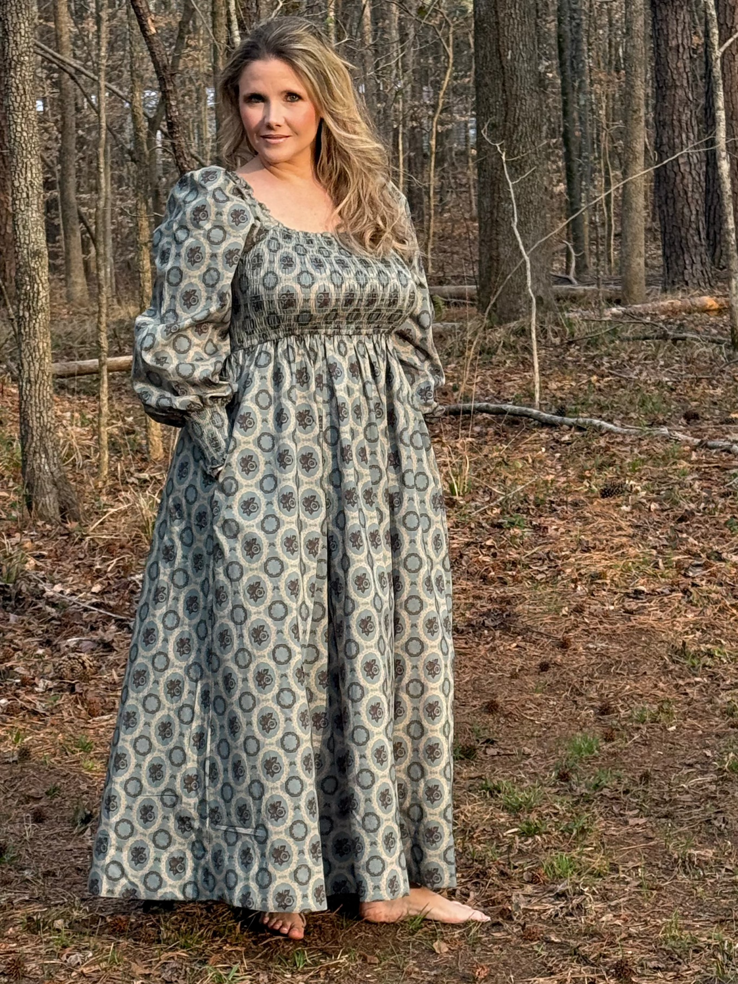 Arbor Dress Mountain Sage Patterned Smocked Maxi