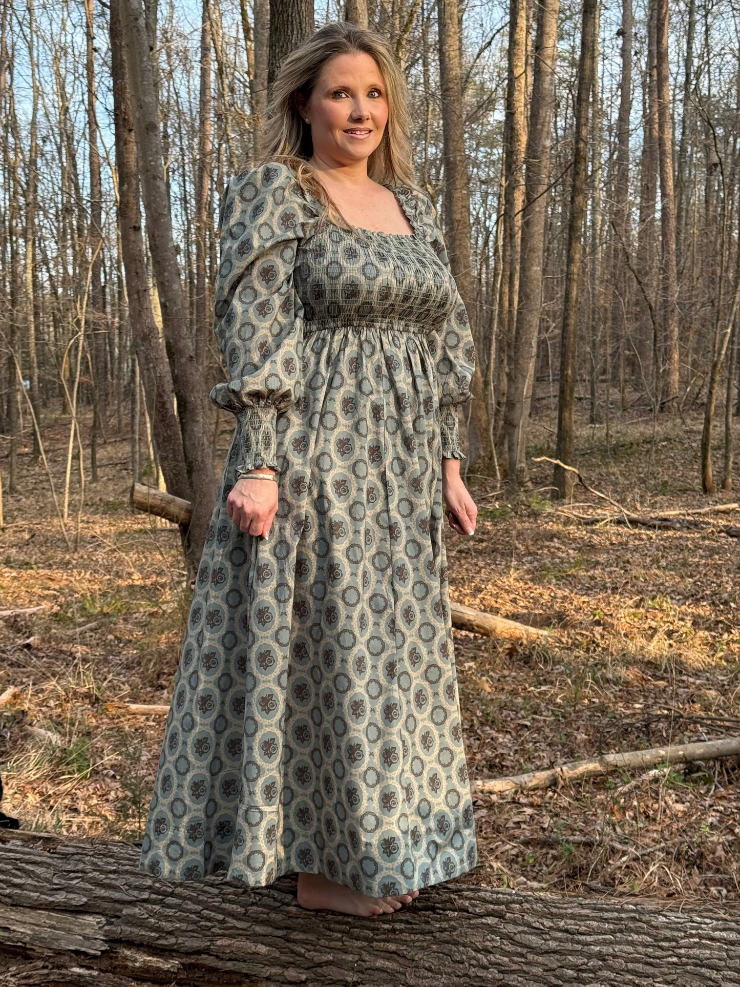 Arbor Dress Mountain Sage Patterned Smocked Maxi
