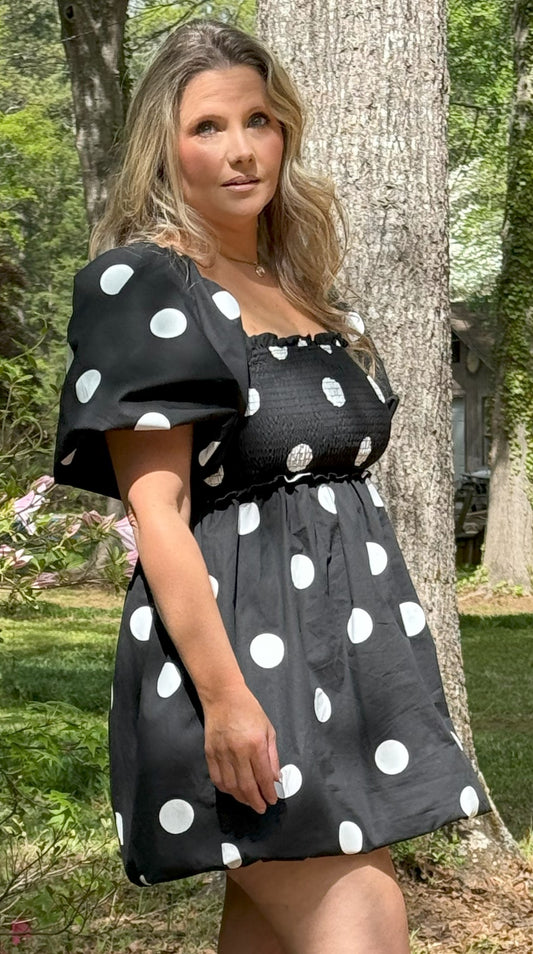 Betsy Polka Dot Puff Sleeve Mini Dress With Bubble Hem