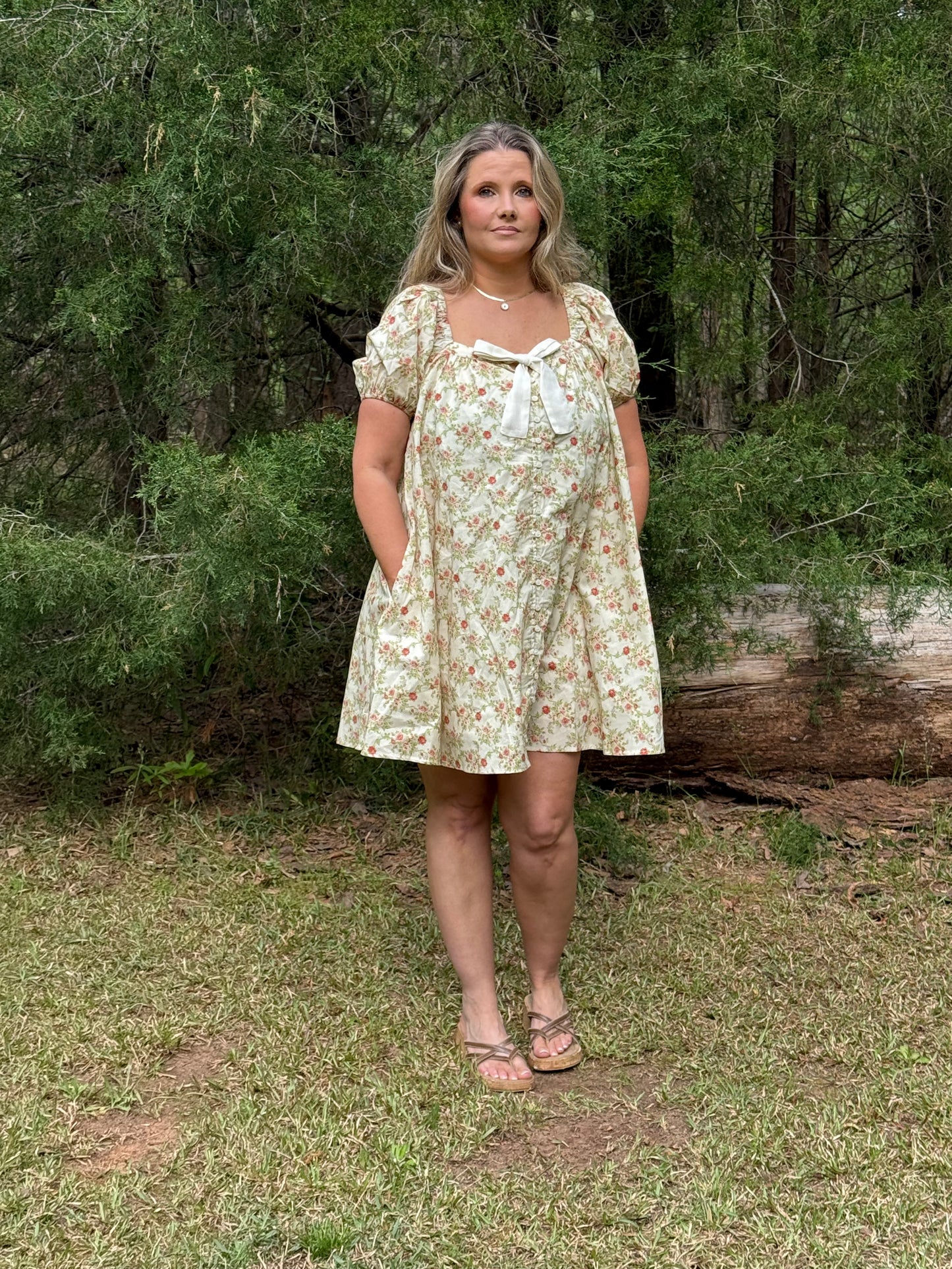 Darling Floral Dress With Bow, Buttons, and Puff Sleeves