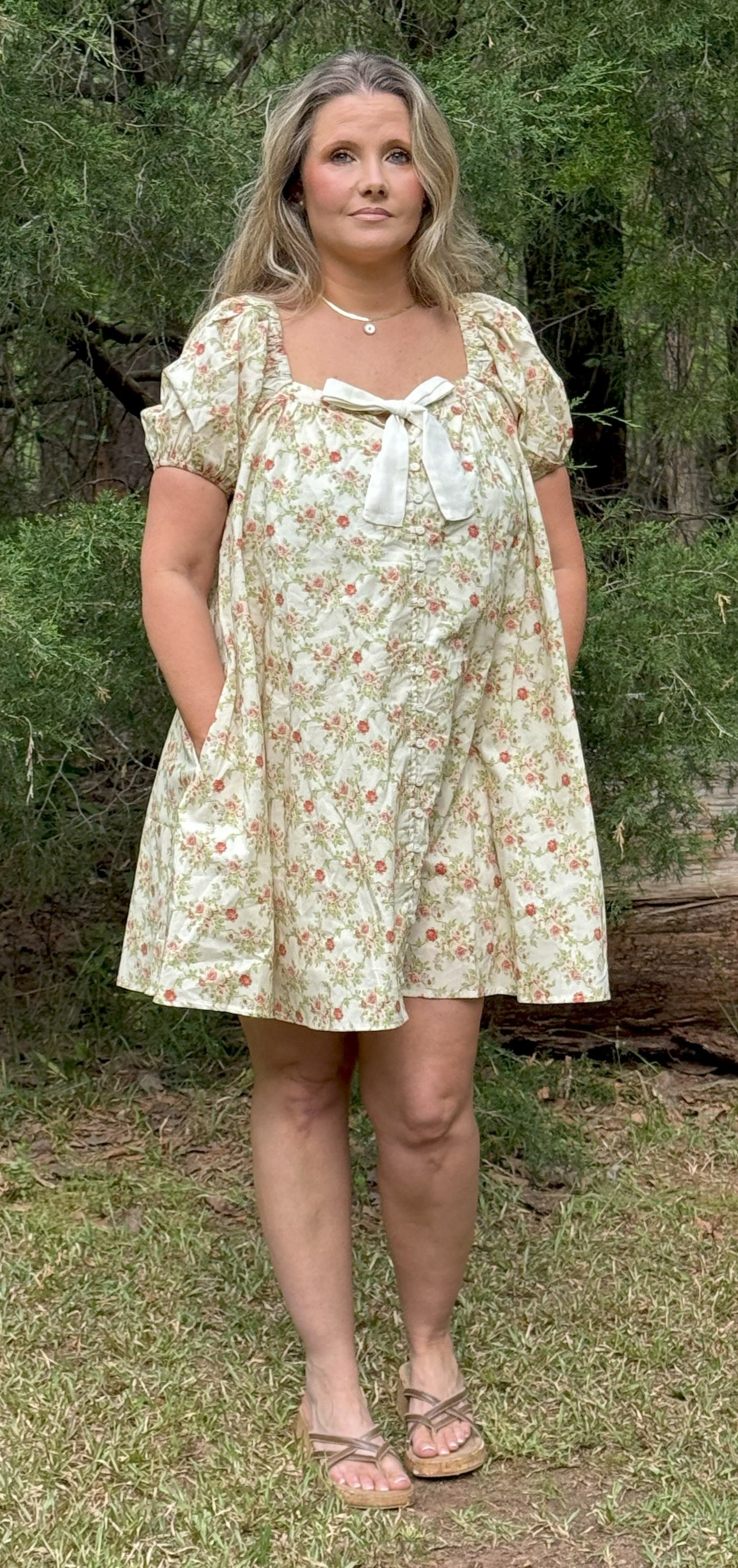 Darling Floral Dress With Bow, Buttons, and Puff Sleeves