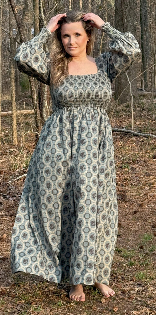 Arbor Dress Mountain Sage Patterned Smocked Maxi