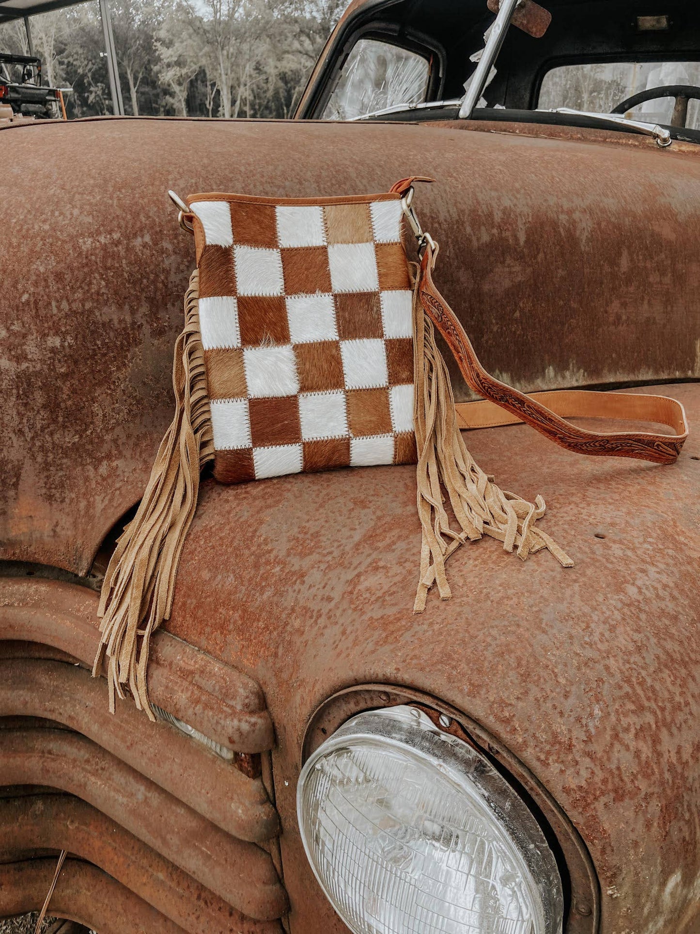 Callie Women's Cowhide Checkered Fringed Purse