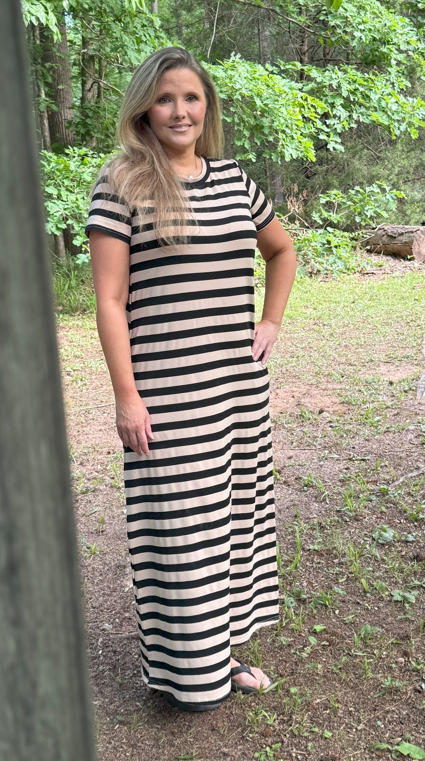 Chicy Striped T Shirt Dress - Black / Tan