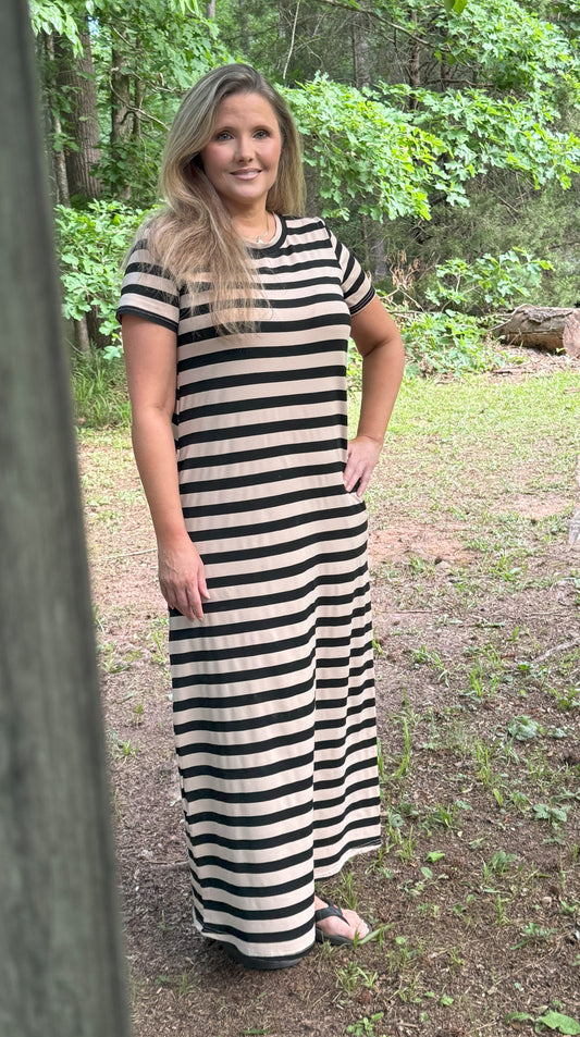 Chicy Striped T Shirt Dress - Black / Tan