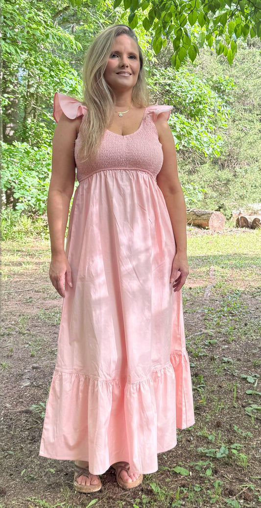 In the Garden Flutter Sleeve Smocked V Neck Maxi Dress - Apricot Pink