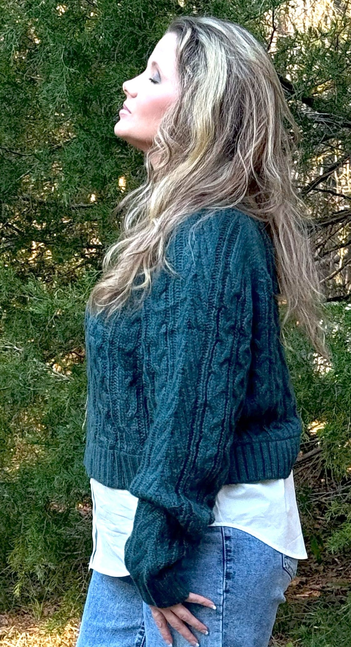 Esmeralda Sweater Blue Emerald Cable Knit Long loose sleeves with Faux button up