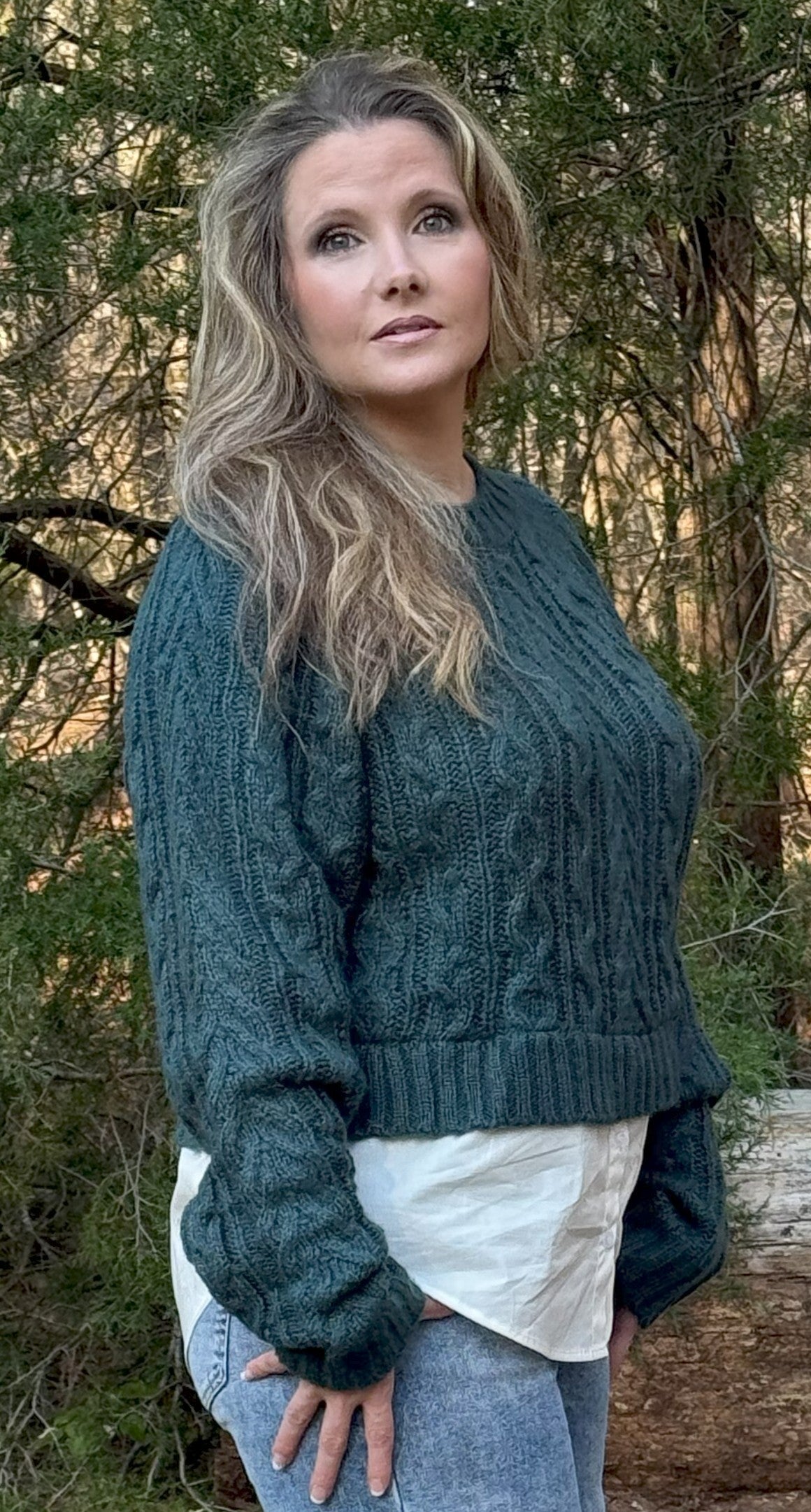 Esmeralda Sweater Blue Emerald Cable Knit Long loose sleeves with Faux button up