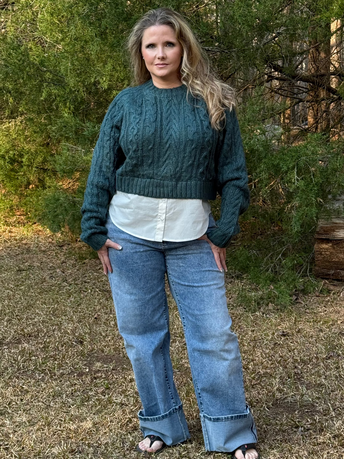 Esmeralda Sweater Blue Emerald Cable Knit Long loose sleeves with Faux button up