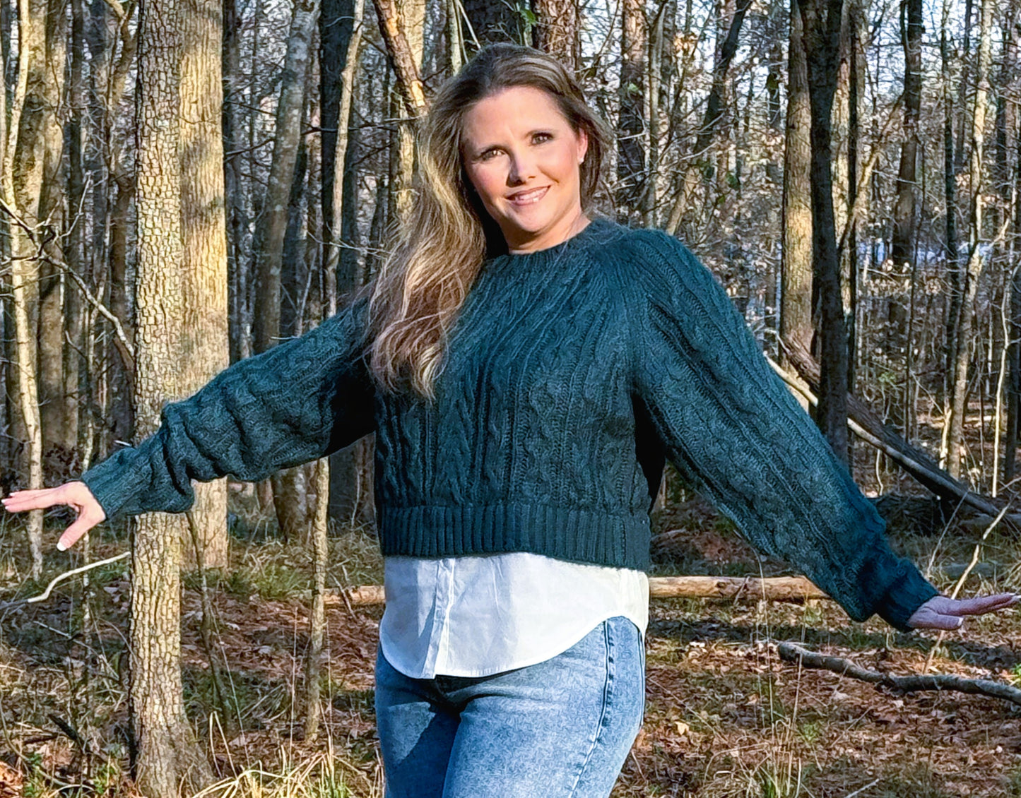 Esmeralda Sweater Blue Emerald Cable Knit Long loose sleeves with Faux button up